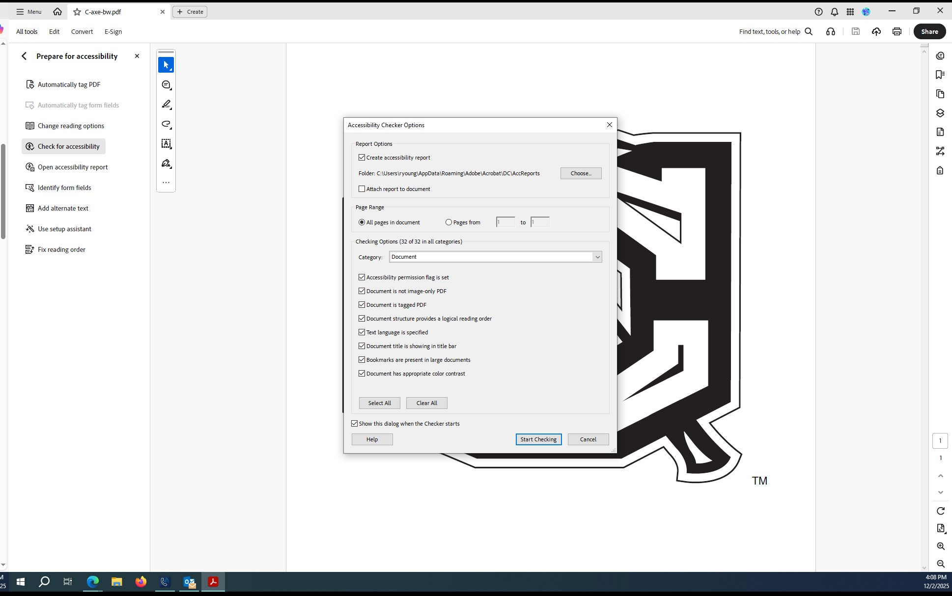 Accessibility checker menu screenshot