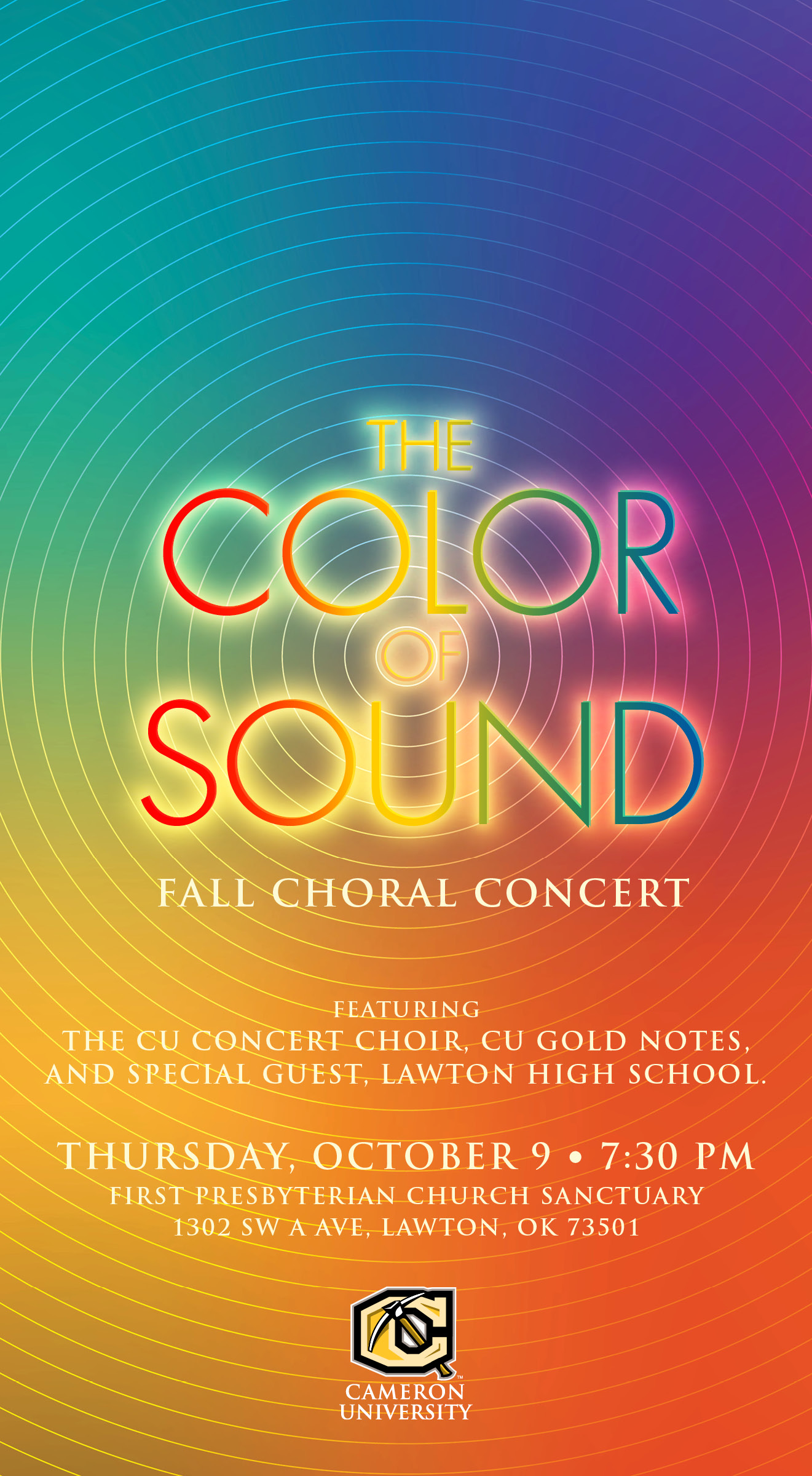 The Color of Sound fall choral concert
Thursday Oct 9 7:30 p.m.
First Presbyterian Church Sanctuary
1302 S.W. A Ave, Lawton OK 73501